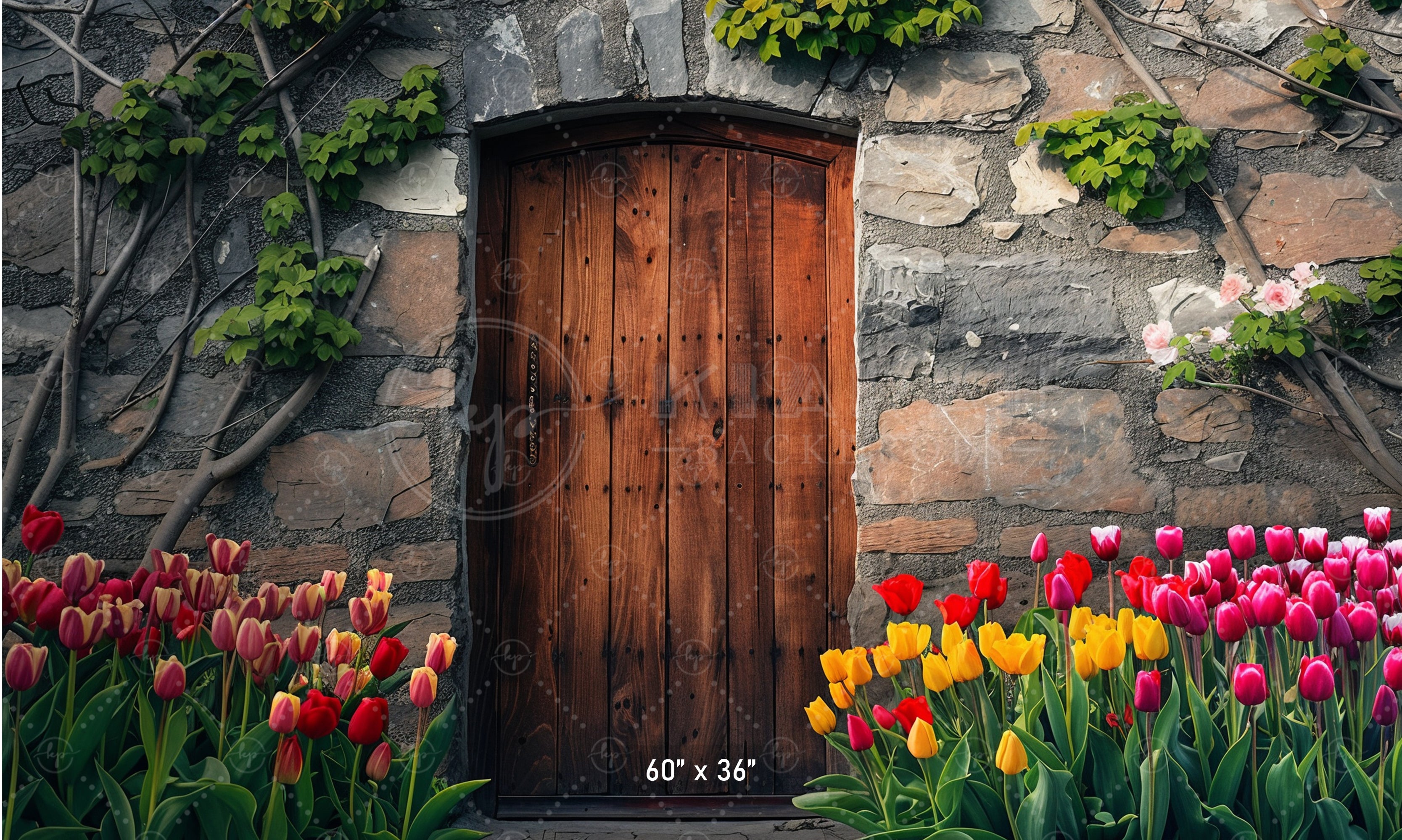 Rustic Stone Door with Tulips Backdrop